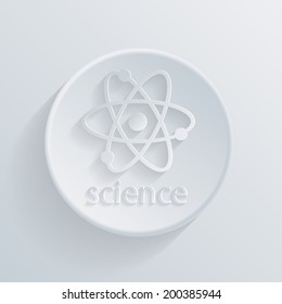 circle white paper icon with a long shadow. the atom, molecule. the symbol of physics and chemistry