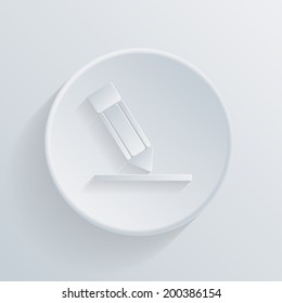 circle white paper icon with a long shadow. silhouette writing pencil