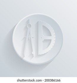 circle white paper icon with a long shadow.  the compass and protractor. characters geometry