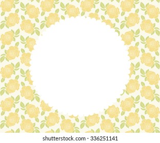 Circle white paper label on yellow rose flower seamless pattern.