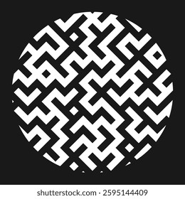 Circle White Thick Line Maze Pattern, on Black Color Background