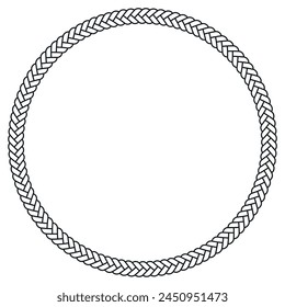 Circle wicker rope frame black monochrome line decorative element vector illustration. Round loop border nautical endless strong braided string circular marine lasso pattern texture twine decoration