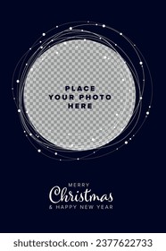 Circle window frame layout template with place for your photo. Simple winter layout template for your christmas card, social media post status, flyer, header or banner