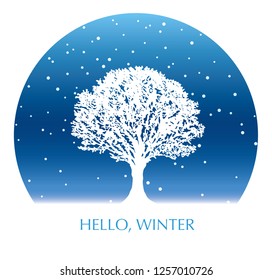 Circle winter background with a snow-covered tree and text space, vector illustration. 