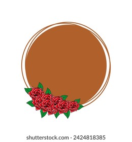circle wood frame with roses and leafs in the corner vector illustration