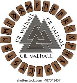A circle of wooden planks to put on them in the Scandinavian runes, futhark end sign of Odin - Walknut, isolated on white, vector illustration, eps-10