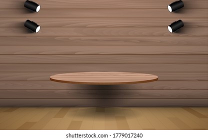 circle wooden shelf and spotlight in the wood studio room