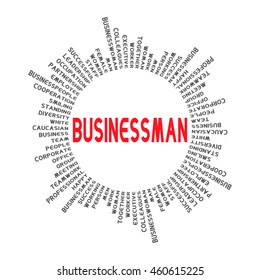 In a circle with the word BUSINESSMAN. Words related to businesses around the circle.  