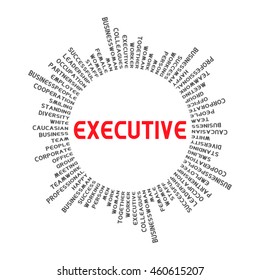 In a circle with the word EXECUTIVE. Words related to businesses around the circle.  