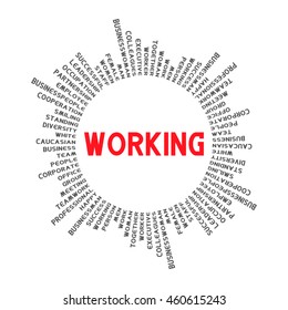 In a circle with the word WORKING. Words related to businesses around the circle.  