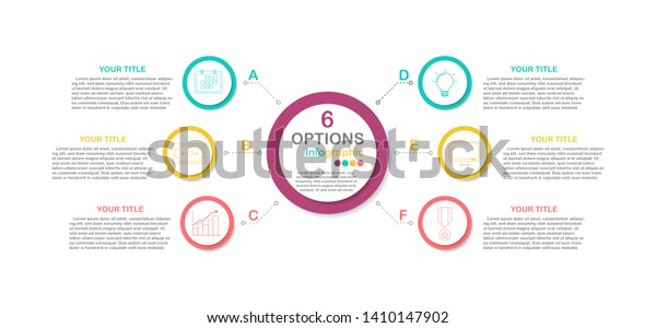 Circle workflow process infographic for 6\
options, EPS10 vector  (divided into layers in file), Business icon\
and space for your text in each option\
branch.