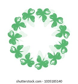 Circle wreath of Clover leaves. Symbol of Ireland and St. Patrick's Day. Green floral round frame. Hand drawn vector illustration