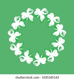 Circle wreath of Clover leaves. Symbol of Ireland and St. Patrick's Day. Green floral round frame. Hand drawn vector illustration