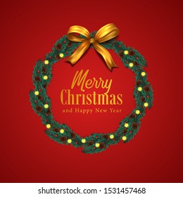 circle of wreath fir leaves garland decoration with golden ribbon with red background for christmas. poster banner template