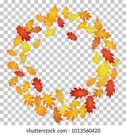 Circle wreath frame of oak leaf vector, round border illustration on white background. Autumn foliage, seasonal image. Red, yellow, orange and brown dry oak tree leaves round frame on transparent.