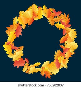 Circle wreath frame of oak leaf vector, round border illustration on blue background. Autumn foliage, seasonal image. Red, yellow, orange and brown dry oak tree leaves round frame background pattern.