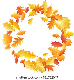 Circle wreath frame of oak leaf vector, round border illustration on white background. Autumn foliage, seasonal image. Red, yellow, orange and brown dry oak tree leaves round frame background pattern.