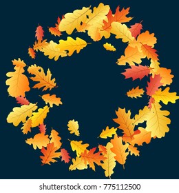 Circle wreath frame of oak leaf vector, round border illustration on blue background. Autumn foliage, seasonal image. Red, yellow, orange and brown dry oak tree leaves round frame background pattern.