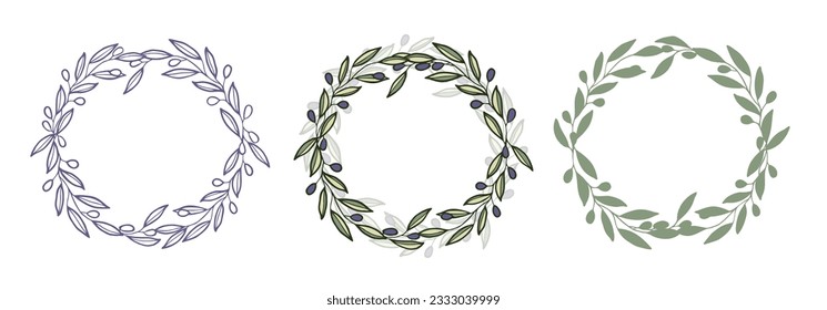 Circle wreath frame of olive branches and berries. Sketch of olive branch illustration on white background