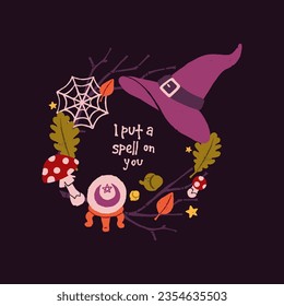 Circle wreath for Halloween party, witch spell. Helloween decoration with mushrooms, toadstool, magical hat, quote with creepy spiderweb, fall leaf, clairvoyant ball. Flat isolated vector illustration