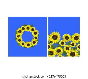 Zirkelkranz und nahtloser blauer Hintergrund mit gelben Sonnenblumen für Modedesign, Textilien, Packpapier, Wallpaper, Taschendruck