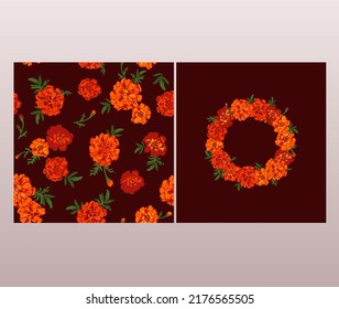Circle wreath and seamless wallpaper with red and orange marigold flowers for fashion design, signboard, label, textile, wrapping paper, package wallpaper. Mexican national print on dark background