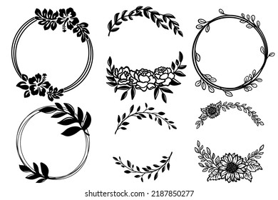 Circle wreath vector illustration bundle, Wedding floral wreath, Laurel monogram round frames silhouette