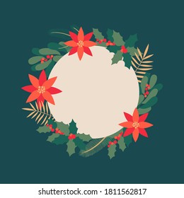 Circle xmas botanischer Rahmen oder Rahmen aus heiligen, Lorbeeren, Mistelen, Blumen von Poinsettia und Tannenbaum mit Textraum auf dunklem Hintergrund. Winterfestival Vektor für Weihnachtsfeiertage.