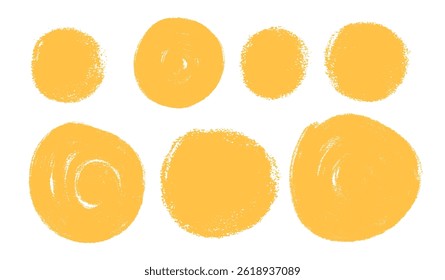 Circle yellow callout set. Polka dots aerosol spray shapes pack. Vector hand drawn kids round note stickers figures collection illustration isolated on white background.