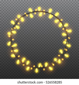 Circle yellow garlands, festive decorations. Glowing christmas lights isolated on transparent background. Vector objects.