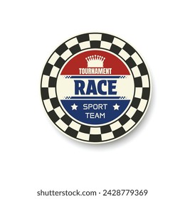 Circle yellow label with checkered pattern and sample text for race tournament and racing designs