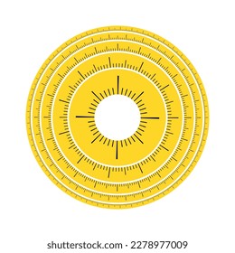 A circle of a yellow measuring centimeter tape in the form of a clock with a dial inside on a white square background. Illustration on the theme of weight loss and weight loss