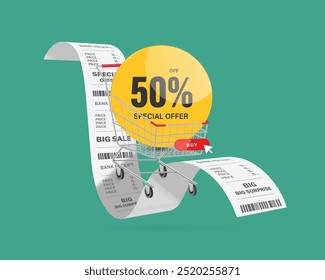 Etiqueta promocional amarelo círculo com texto especial oferta 50% off colocado no carrinho de compras e todos flutuando no ar em cima do papel do recibo, vetor 3d isolado para design de publicidade de banner