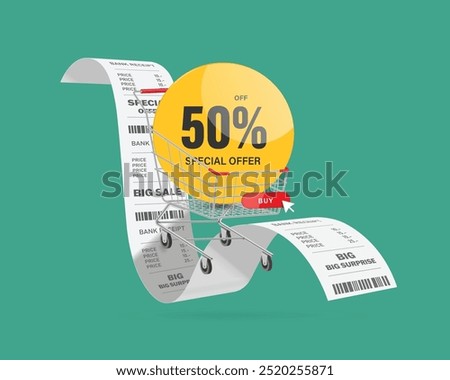 Circle yellow promotional tag label with text special offer 50% off placed in shopping cart and all floating in the air on top of receipt paper, vector 3d isolated for banner advertising design