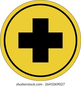 Circle yellow sticker. First aid. Hospital doctor sign logo. Circle yellow sign. Medical sticker.