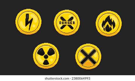 colección de signos de advertencia amarilla en círculo definida en el estilo de arte de píxeles
