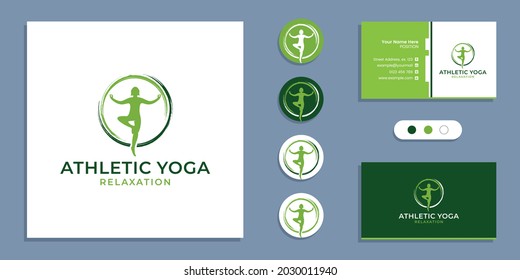 Circle zen, athletic yoga people logo and business card design template