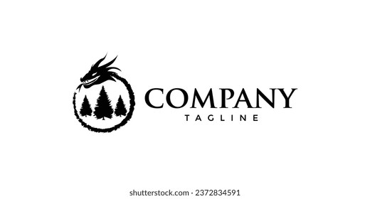 Circle Zen Dragon Pine Tree Forest Logo Design Concept Vector for Brand Business Company
