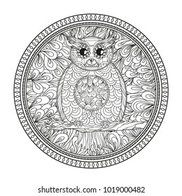 Circle zendala with bird. Zentangle. Abstract owl. Mandala. Decorative style. Line art creative. Pattern. Zen art. Design for spiritual relaxation for adults. Black and white illustration for coloring