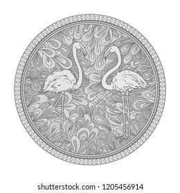 Circle zendala with flamingos on white. Birds. Zentangle. Hand drawn foliage mandala on isolated background. Design for spiritual relaxation for adults. Black and white illustration