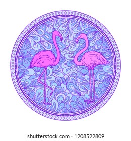 Circle zendala with flamingos on white. Birds. Zentangle. Hand drawn foliage mandala on isolated background. Design for spiritual relaxation for adults. Doodle for flyers, shirts and textiles