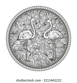 Circle zendala with flamingos on white. Birds. Zentangle. Hand drawn foliage mandala on isolated background. Design for spiritual relaxation for adults. Black and white illustration