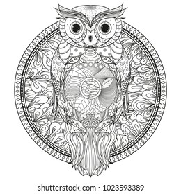 Circle zendala with owl. Zentangle. Hand drawn foliage mandala on isolation background. Abstract wallpaper with bird. Design for spiritual relaxation for adults. Zen art. Print for t-shirts, textiles