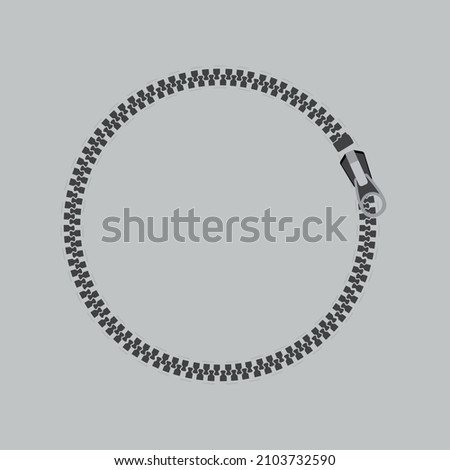 Circle zipper jacket logo. Unzipped round ring clothing fastener zip frame