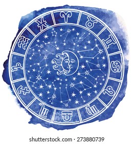 Circle with Zodiac sign.Horoscope constellation,stars ,sun and moon.Blue Watercolor stein,hand painting spot,sky.White background.Artistic Vector  Illustration. 
