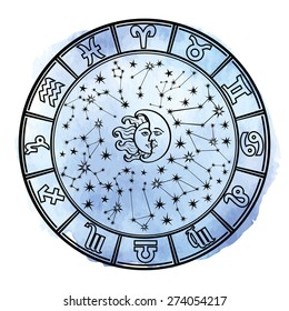 Circle with Zodiac sign.Horoscope constellation,stars ,sun and moon.Cyan Watercolor stein,hand painting spot,sky.White background.Artistic Vector  Illustration. 
