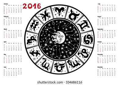 Circle with Zodiac sign.Horoscope circle with Zodiac signs.Constellation,stars ,sun and moon,astrology symbols.White background,black silhouette.Artistic Vector  Illustration. 
