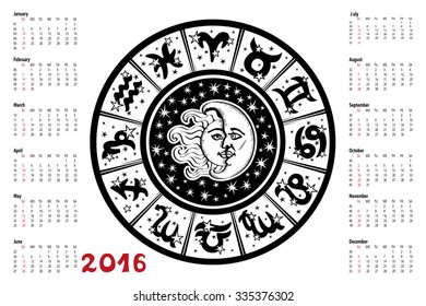 Circle with Zodiac sign.Horoscope circle with Zodiac signs.Constellation,stars ,sun and moon,astrology symbols.White background,black silhouette.Artistic Vector  Illustration. 
