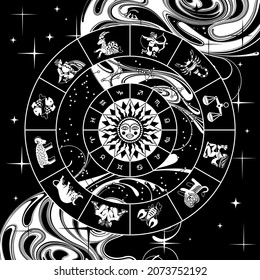 Circle with zodiac signs, constellations, sun and abstract background. Calendar cover design in black and white. Vector illustration