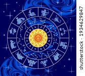 Circle with zodiac signs, constellations, yellow sun and abstract blue background. Calendar cover design. Colorful vector illustration in flat style
